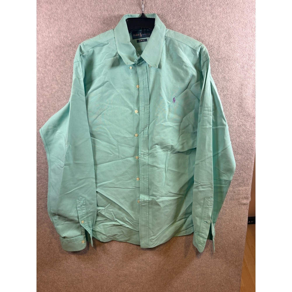 Polo Ralph Lauren Mens XXL Slim Fit Oxford Shirt Mint Green Purple Pony Logo